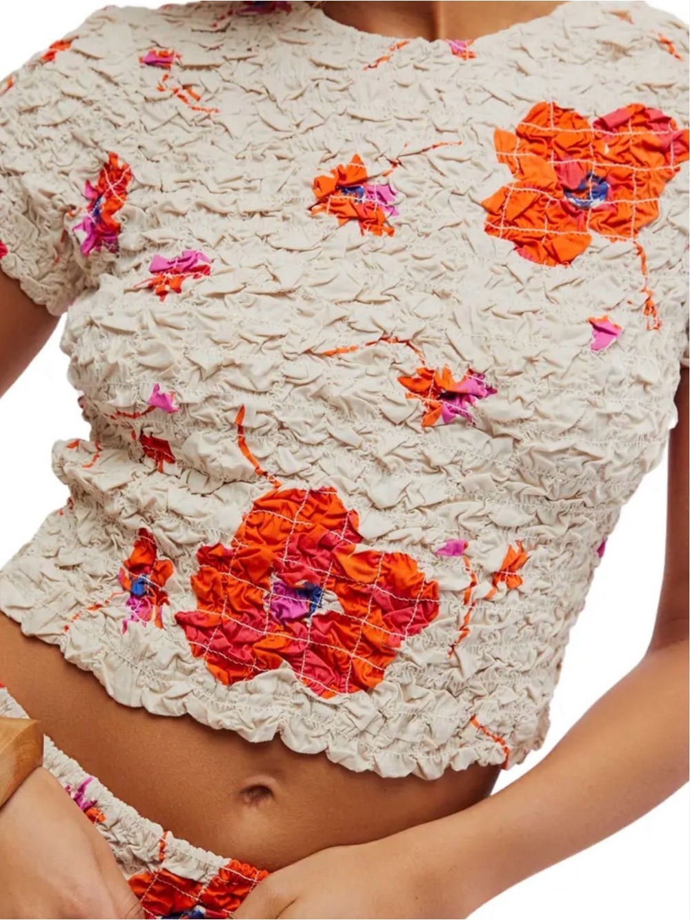 Free People Carino Top- Cream Smocked Crop Top with Orange & Pink Floral